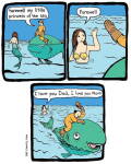 Une sirène salue un homme et un poisson géant