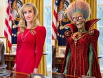 Femme en rouge et personnage extraterrestre