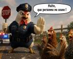 Une poule policière arrête la circulation