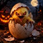 Poussin monstrueux dans un œuf brisé