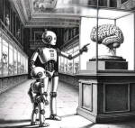 Deux robots devant un cerveau exposé