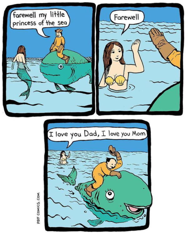 Une sirène salue un homme et un poisson géant