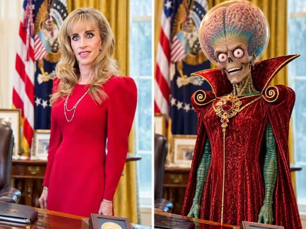 Femme en rouge et personnage extraterrestre