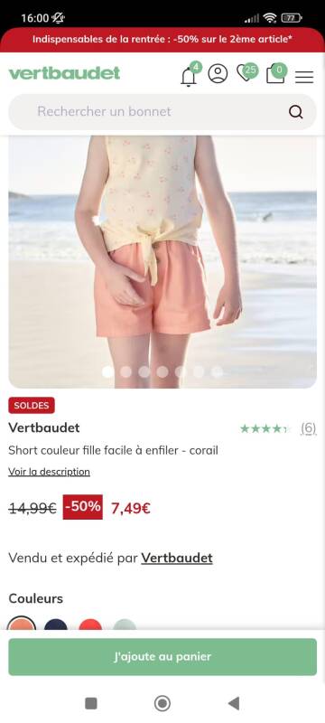 Short corail sur une page Vertbaudet