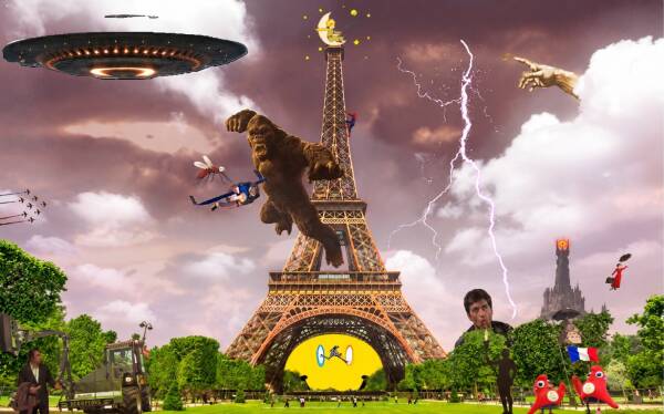 Scène fantastique autour de la tour Eiffel