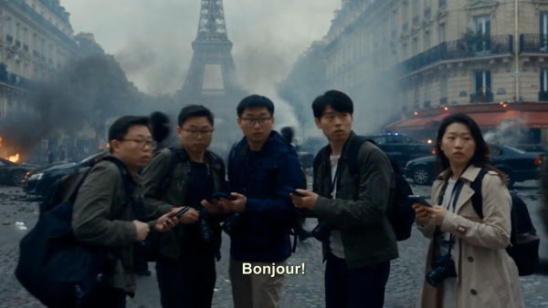 Groupe dans une rue enfumée près de la tour Eiffel
