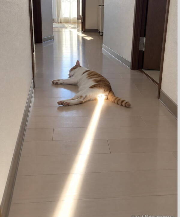 Chat roux et blanc allongé dans un couloir