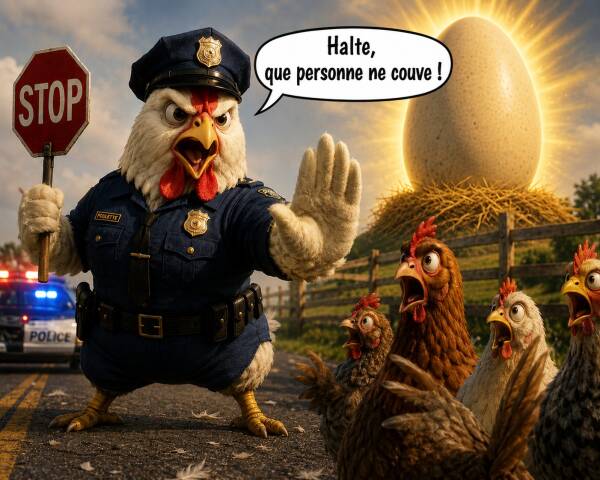 Une poule policière devant un œuf géant