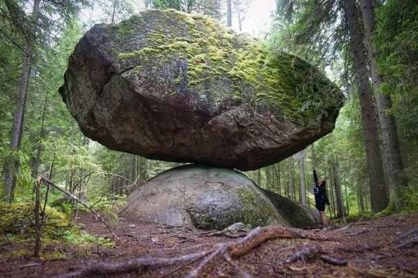 Deux rochers superposés dans une forêt
