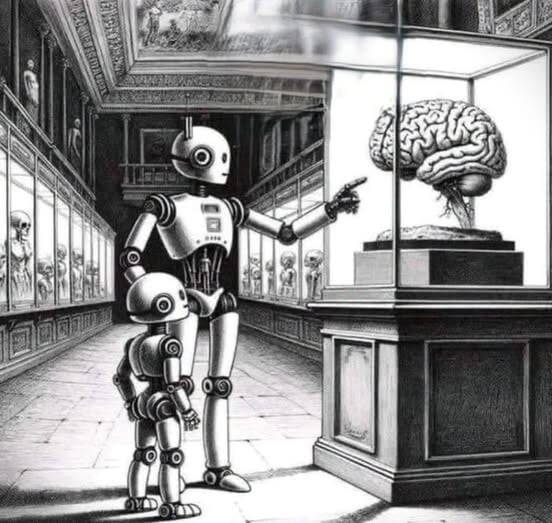 Deux robots devant un cerveau exposé